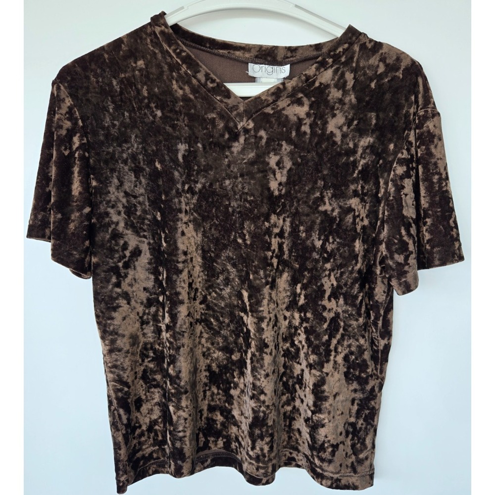 Vintage Origins Brown Velvet V Neck T-shirt W Sz S Gothic Whimsy Y2K Festive